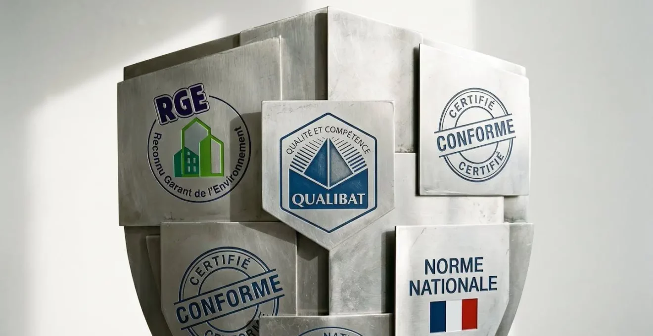 Composition de sceaux de certification RGE et Qualibat gravés en relief sur plaques métalliques superposées formant une structure protectrice