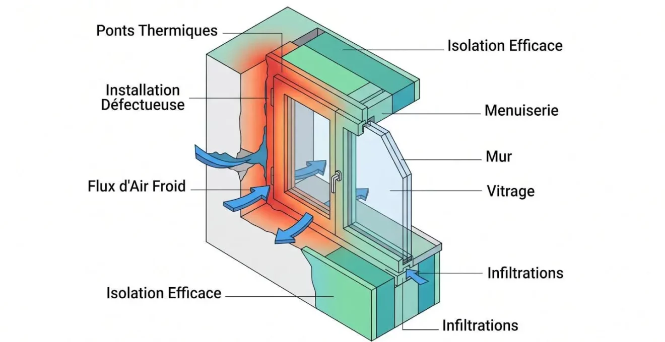 Schéma isométrique en coupe d'une fenêtre montrant les ponts thermiques en rouge autour d'un dormant mal installé avec flux d'air froid