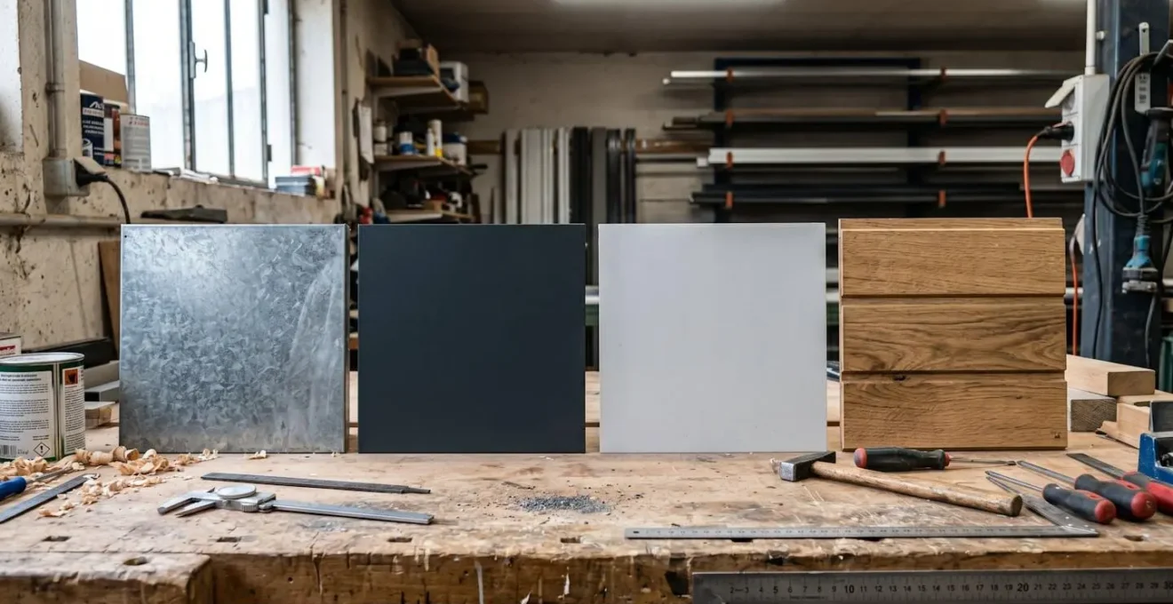 Quatre échantillons de matériaux pour portes de garage (acier galvanisé, aluminium thermolaqué, PVC haute densité, bois massif) disposés sur établi d'atelier de menuiserie avec outils en arrière-plan