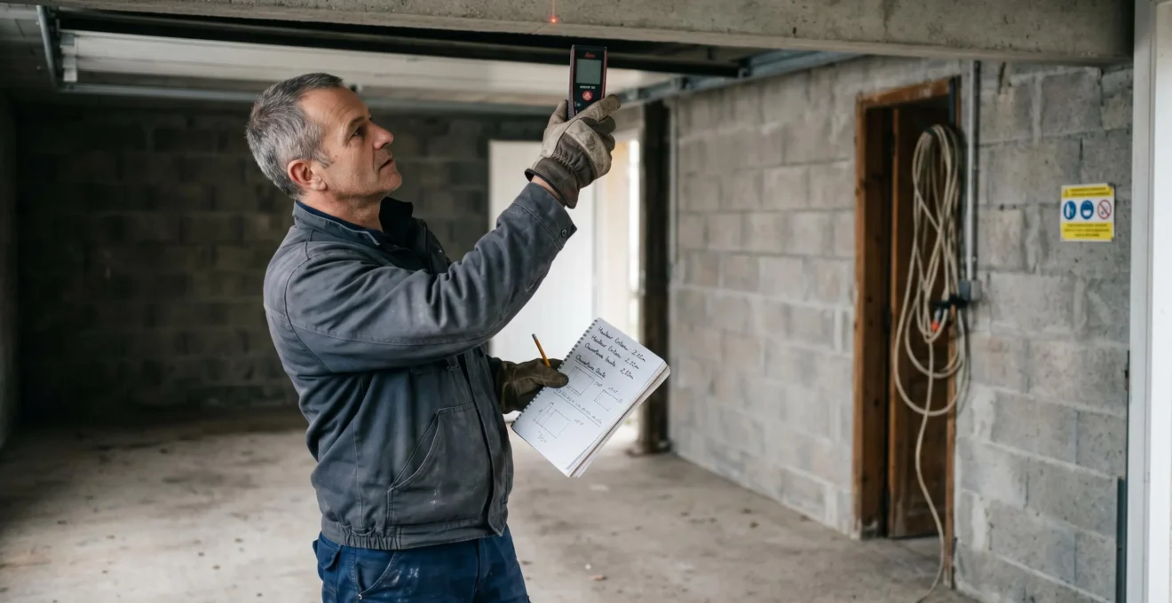 Technicien menuisier utilisant un télémètre laser pour mesurer avec précision la hauteur d'une ouverture de garage, tenant carnet de notes, dans garage maison individuelle