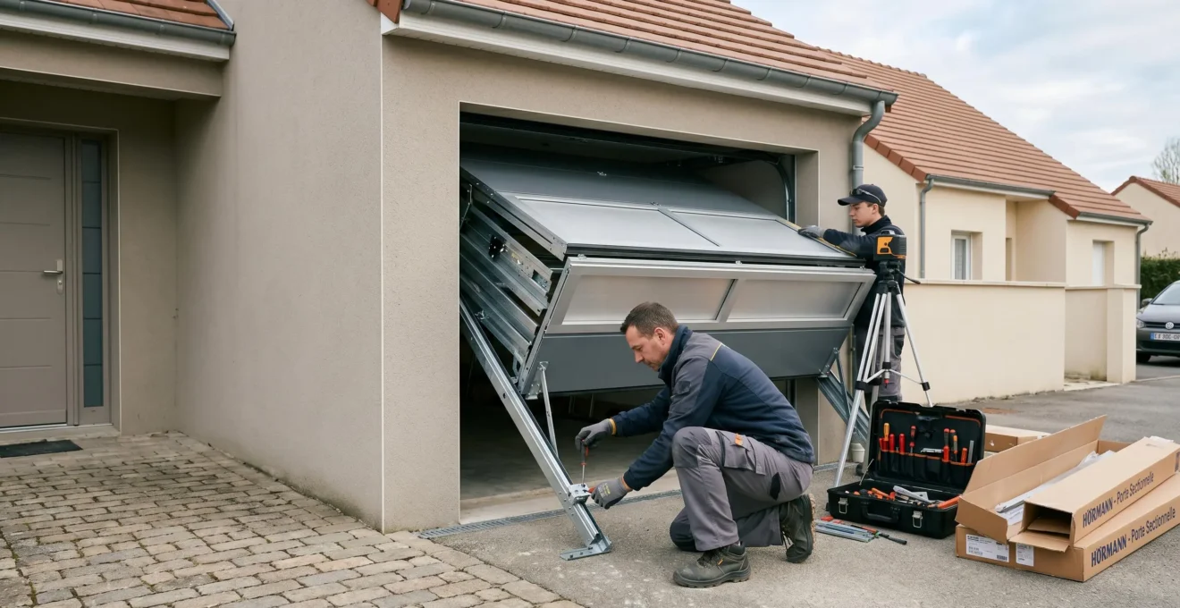 Deux techniciens professionnels installant une porte de garage sectionnelle en aluminium sur une maison contemporaine française, système de rails et panneaux articulés visible, chantier en cours avec outils et niveau laser