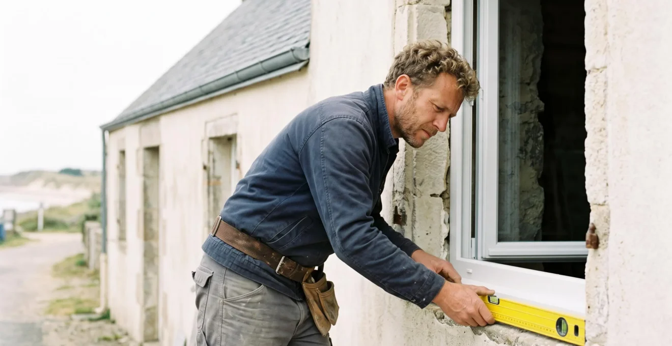 Artisan menuisier posant une fenêtre PVC avec un niveau à bulle sur la façade d'une maison en bord de mer en Vendée