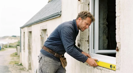 Artisan menuisier posant une fenêtre PVC avec un niveau à bulle sur la façade d'une maison en bord de mer en Vendée