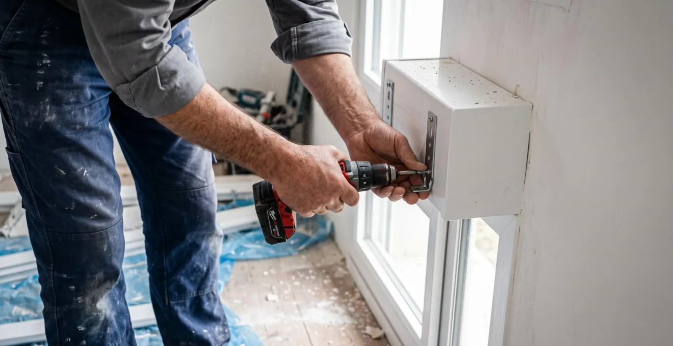 Mains d'un installateur fixant au visseuse sans fil les supports d'un coffre de volet roulant au-dessus d'une fenêtre en rénovation