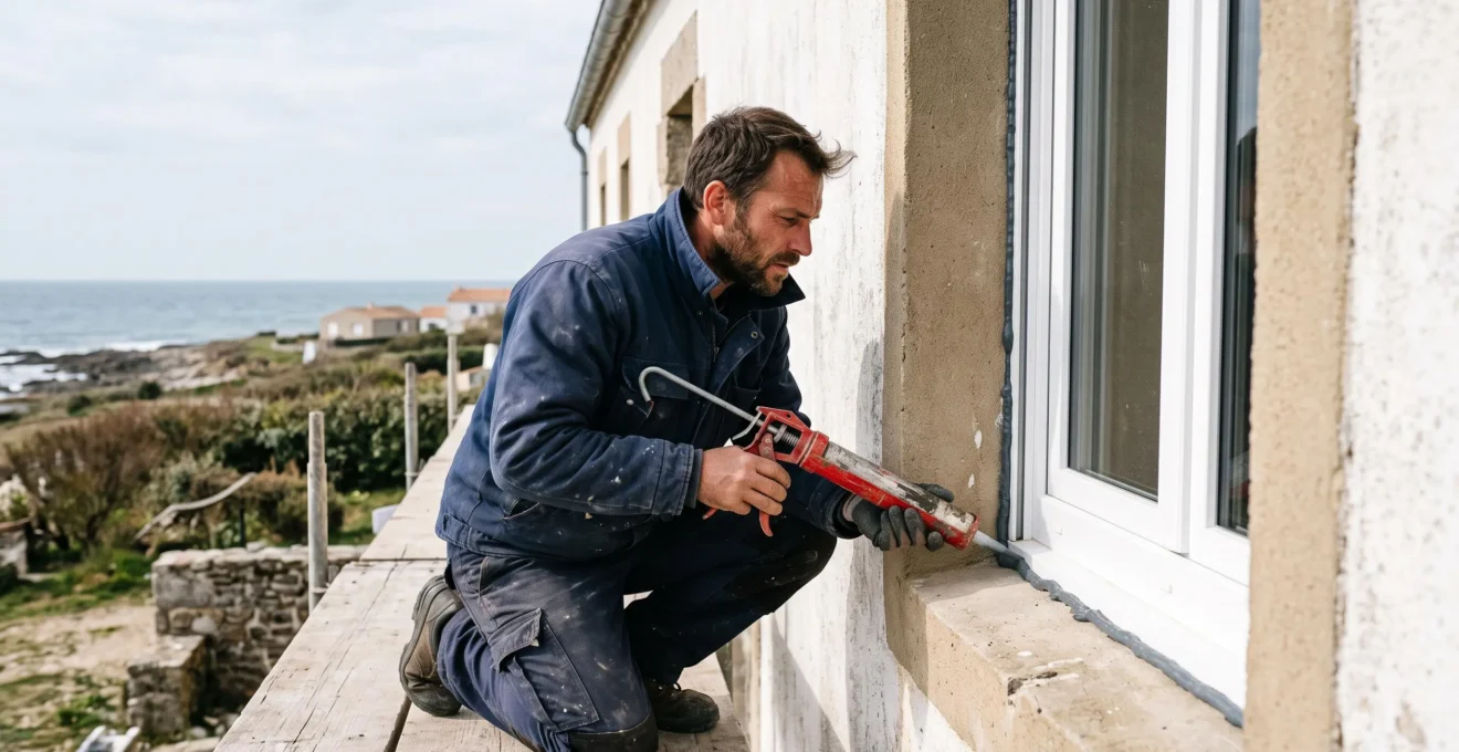 Menuisier accroupi appliquant un joint d'étanchéité au pistolet autour d'une fenêtre fraîchement posée sur une maison en bord de mer
