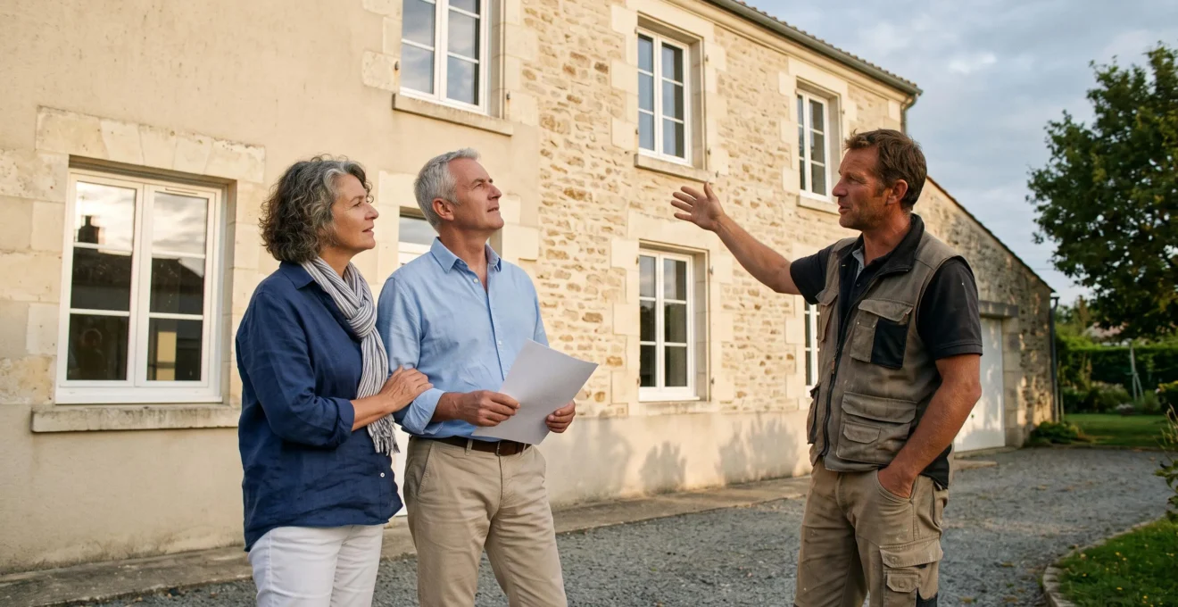 Couple de propriétaires discutant avec un menuisier devant la façade d'une maison aux fenêtres récemment remplacées en Vendée